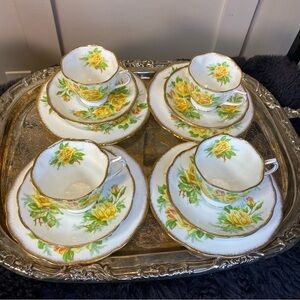 Vintage Royal Albert Bone China Tea Cup Saucer Dessert Plate Set Yellow Tea Rose